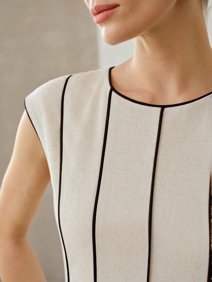 MOTF PREMIUM LINEN BLACK PIPING SLEEVELESS ELEGANT CASUAL DRESS - Beige - View 2