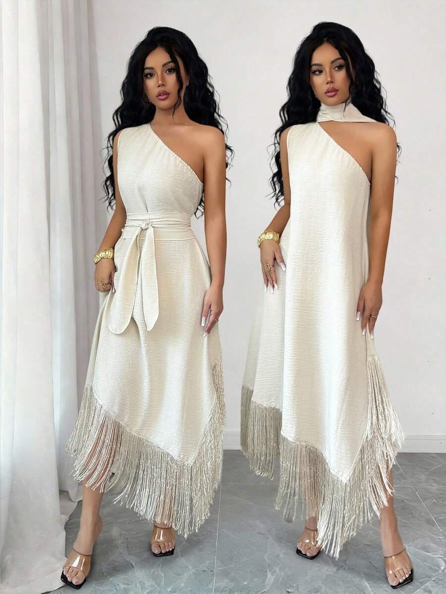 SHEIN Elenzya Elegant Linen-Like Loose Asymmetric Shoulder Tassel Trim Dress, Suitable For Holidays, Vacation, Commute, Versatile For Daily Wear, Summer - Coffee - View 1