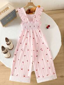 Genkimix Kids 1件女童复古休闲修身独特樱桃印花连体裤，适合夏季户外活动和上学穿着 - 粉色 - 查看 2