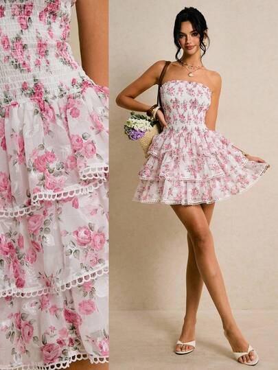 Poéselle Women's Summer Vacation Floral Print Ruffle Hem Tube Top Mini Dress, Birthday Outfits For Women ,Wedding Party Dress ,Romantic & Elegant Dress