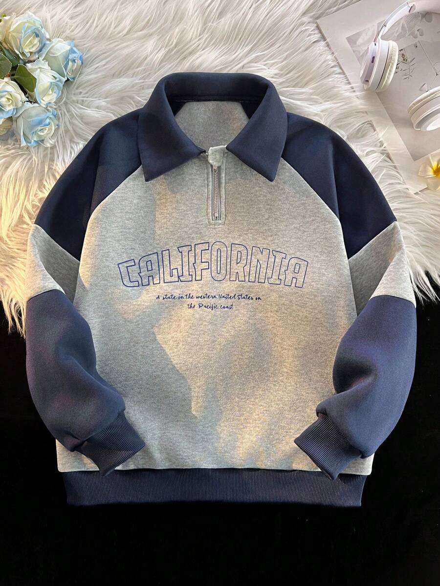 SHEIN Explorewe Girls (Female) Half-Zip Letter Print Color Block Sporty Sweatshirt, Autumn - Grey - View 1