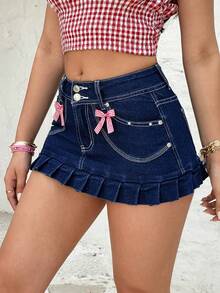 Rivivi 女士牛仔百褶迷你裙 - 深色水洗藍 - 查看 4