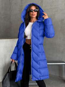EURMUSE Women Solid Color Zipper And Pocket Detailed Long Winter Coats - Blue - View 2