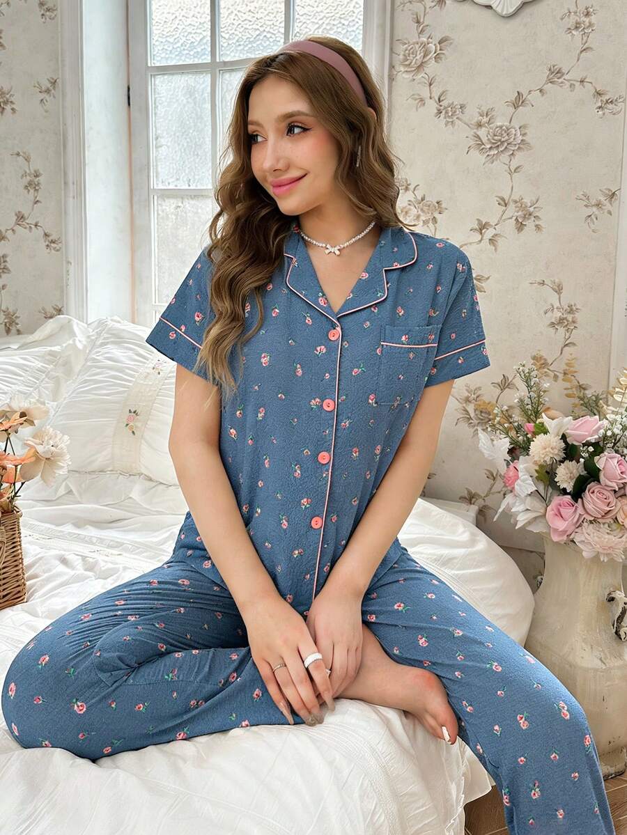 CottageSlumber 浪漫春夏碎花短袖长裤口袋前扣女士睡衣套装，家居服 - 藍色 - 查看 1