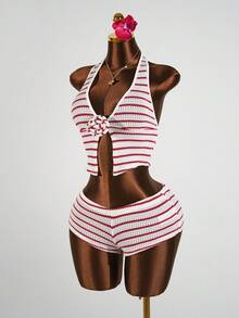 SaltGleam SaltGleam 女士性感深V领系带超低腰条纹迷你短裤两件套，夏季度假 - 彩色 - 查看 6