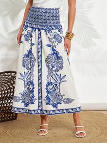 Amorya 女士波西米亚风印花A字裙，蓝白印花休闲度假装，春夏款 - 藍白色 - 查看 9