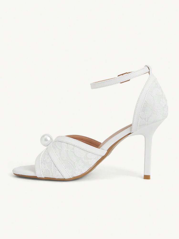 CUCCOO CHICEST Women's High Heel Sandals Round Toe 9CM Women's Elegant Thin Heel High Heel Shoes Adjustable Buckle Easy To Wear Big Pearl Decoration White Lace Peep Toe White High Heel Shoes Kitten Heel Dinner Shoes Fashion Versatile Suitable For Daily/Party/Valentine's Day Dating/Spring Festival Thanksgiving Dancing Party/Commuter Office/Outer Wear Women's Shoes
