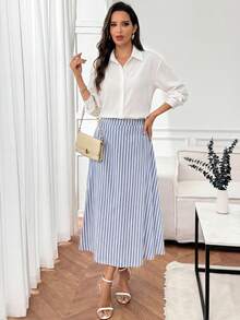 Miaspire 女士高腰条纹休闲办公半身裙 女士半身裙 优雅半身裙 女士夏季半身裙 条纹半身裙 女士时尚半身裙 女士夏季穿搭 女士半身裙 女士半身裙 长款休闲半身裙 蓝白条纹半身裙 女士夏季穿搭 - 藍白色 - 查看 5