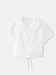 lacRébo 白色棉质复古刺绣短款衬衫，彼得潘领，腰部系带，春夏棉质上衣，春夏度假办公室法式巴黎风优雅上衣，白色棉质衬衫 - 米色 - 查看 6