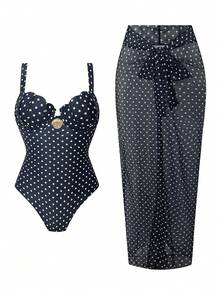 Swim Oasis 女士夏季沙滩黑白波点随机印花可调节宽肩带吊带泳衣 高端连体泳衣 - 彩色 - 查看 6