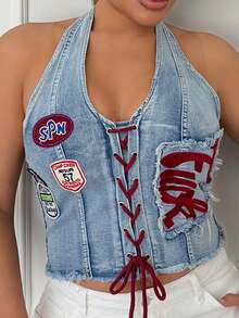 Maria Perezxox 女士 Y2K 复古运动芭蕾风图案刺绣抽绳低腰性感露脐牛仔上衣 - 淺藍色 - 查看 6