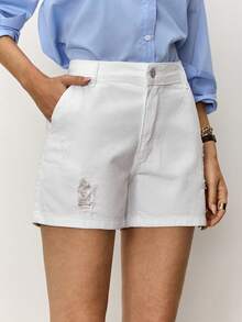Daynim Ripped Slant Pocket Denim Shorts - White - View 3