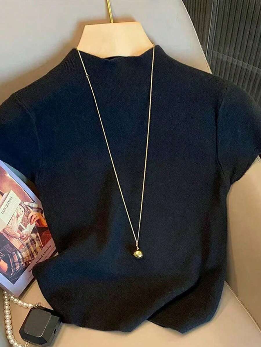 Resyla 女士休闲纯色立领短袖毛衣 - 黑色 - 查看 1