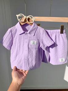 SHEIN 2 st babypojke sommar casual semester lila skjorta och shorts set - Multifärgad - Visa 6