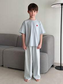 DAZY Tween Boy Apple Embroidery Short Sleeve T-Shirt And Striped Pants Pajama Set - Blue - View 4