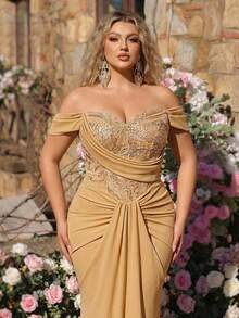 Glamrae Đầm dạ hội cỡ lớn sang trọng, thanh lịch màu sâm panh, thêu sequin, phối ren, chất liệu co giãn, dáng đuôi cá, eo xếp ly, thích hợp cho đám cưới, tiệc tùng, kỳ nghỉ, dạ hội (chất liệu dày dặn). - Rượu sâm banh - Xem 5