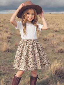 Emery Rose Kids Emery Rose Kids Vestido casual de niña con parches de punto de unicolor y dobladillo floral - Albaricoque - Ver 3