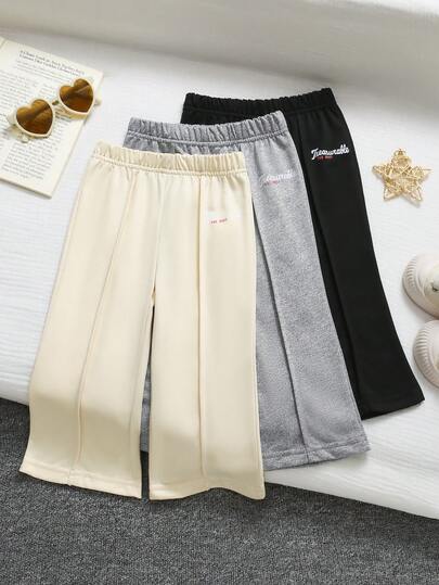 Bộ 3 chiếc quần legging ống loe màu trơn cho bé gái, cạp chun, kiểu dáng thường ngày, in chữ trang trí, thích hợp cho mùa xuân, hè và thu.