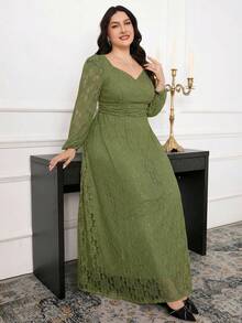 Modelyn Plus Size Elegant Party Solid Color Lace Dress Fall - Green - View 4