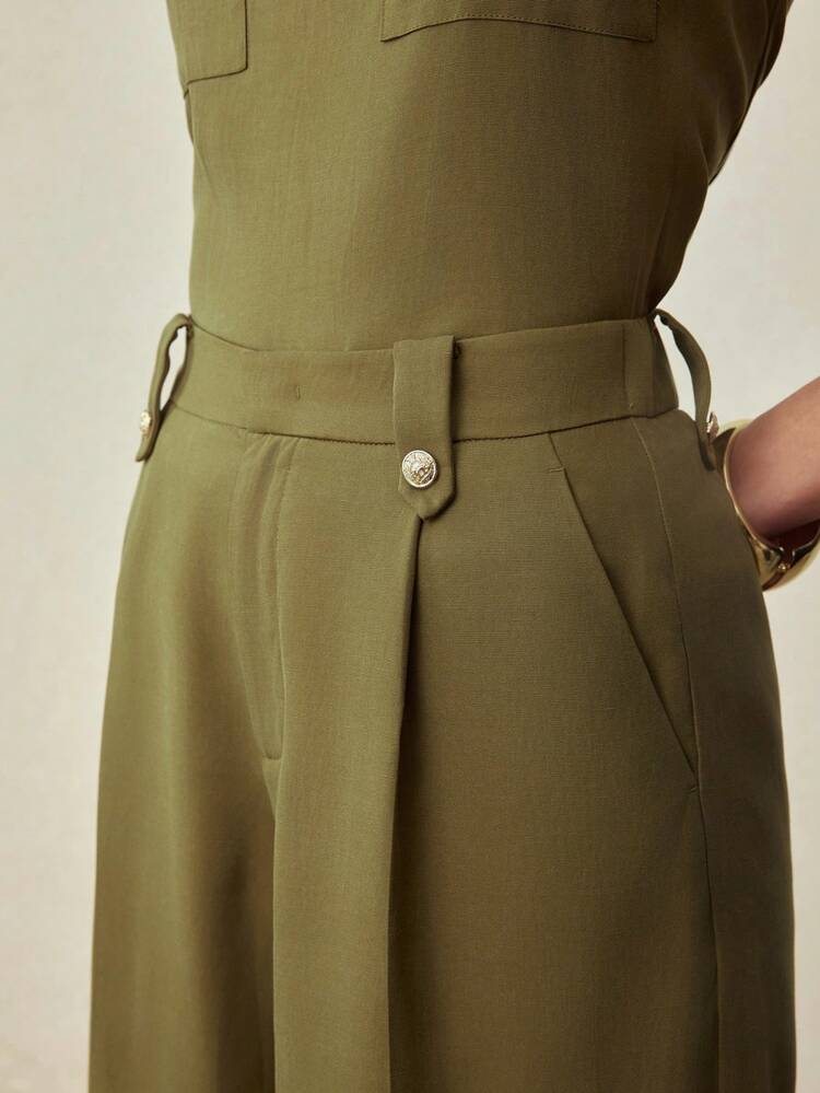 SPRING/SUMMER LINEN SUIT PANTS WITH METAL BUTTON DECOR, VINTAGE STYLE