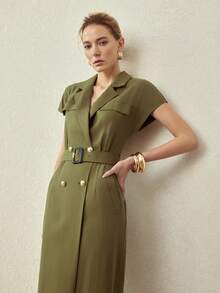 MOTF PREMIUM SPRING/SUMMER LINEN BLEND UTILITY POCKET TIE-WAIST MIDI DRESS, VINTAGE STYLE - Army Green - View 6