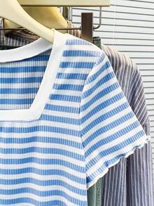 Resyla Women's Ribbed Square Neck Short Sleeve Casual Ribbed T-Shirt - Blue and White - View 4