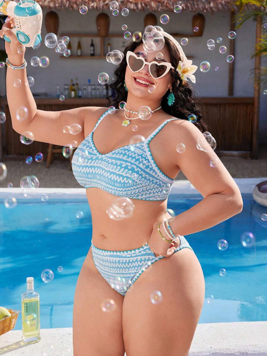 Swim Mod Plus Size Women 2 Pieces Swimwear Set, Blue Floral Lace Trim Bikini - Blue - View 1