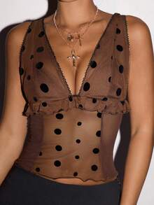 SHEIN ICON Y2k Women's Brown Going Out Sexy Vacation Holiday Gown For Prom Night Club Concert Coachella Gyaru Polka Dot Print Mesh Sexy Fitted Camisole,Summer - Black - View 4