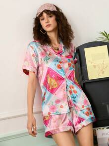 Chillnights Women's Casual Colorblock Geometric, Leopard, Star, Moon, Floral Print Satin Lapel Cardigan Pajama Set - Multicolor - View 4