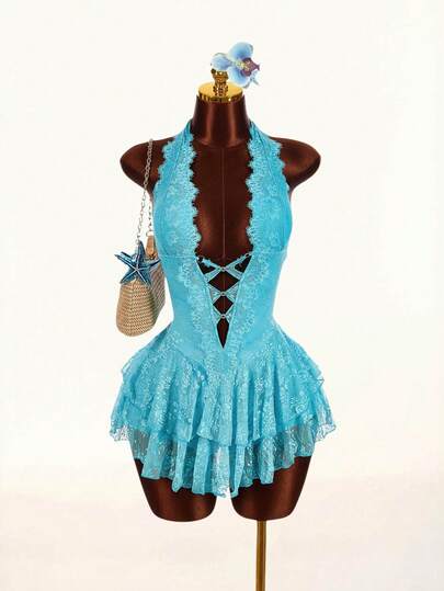 Amplova Women's Halter Neck Lace Inverted V-Waist Double Layer Hem Mini Dress, Sexy & Avant-Garde, Suitable For Vacation Boho Style Dance Outfits For Women Blue Lace Dress Gyaru Blue Vacation Dress Babyphat Blue Romper Women Blue Rave Outfit