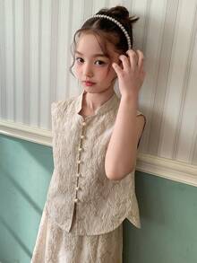 Dazy Kids 少女花卉提花纽扣设计背心和迷你裙套装（夏季款） - 粉色 - 查看 2