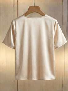 Franclia Damen elegante Satin Champagner Gold Kurzarm Bluse, locker geschnittenes asymmetrisches Perlen Dekor schickes Lässig Top - Champagnerfarben - Übersicht 2