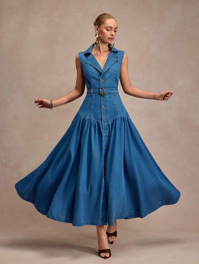 CLARA VERO Sleeveless Collared Belted Maxi Denim Dress – Defined Waist And Flared Maxi Skirt, Ideal For Daytime Events, City Strolls Or Garden Parties, Crafted Using Non-Stretch 100% Cotton Denim Fabric For A Structured And Stylish Appearance