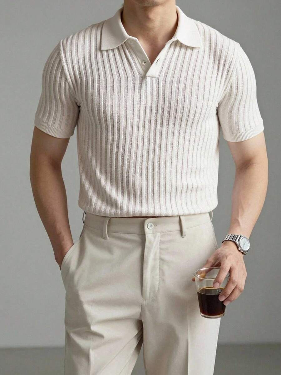 OTTIMOZO 男士纯色简约 Polo 领纽扣短袖针织衫 男士针织衬衫 米色上衣 男士纽扣针织 Polo 衫 男士 Polo 衫 领口 男士白色 Polo 衫 - 白色 - 查看 1