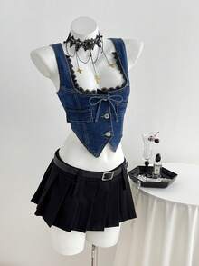 Elamini Women's Summer Casual Contrast Lace Front Button Denim Blouse - Dark Wash - View 1