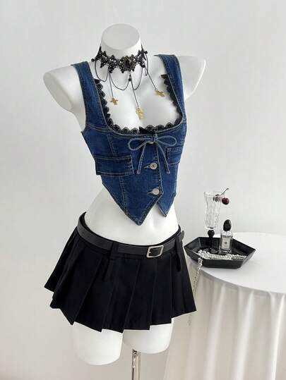 Elamini Women's Summer Casual Contrast Lace Front Button Denim Blouse