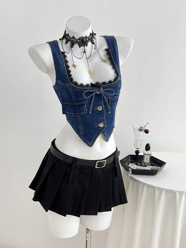 Elamini Women's Summer Casual Contrast Lace Front Button Denim Blouse