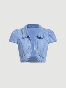 Sweetra 女士褶裥开襟休闲牛仔外套 - 藍色 - 查看 1