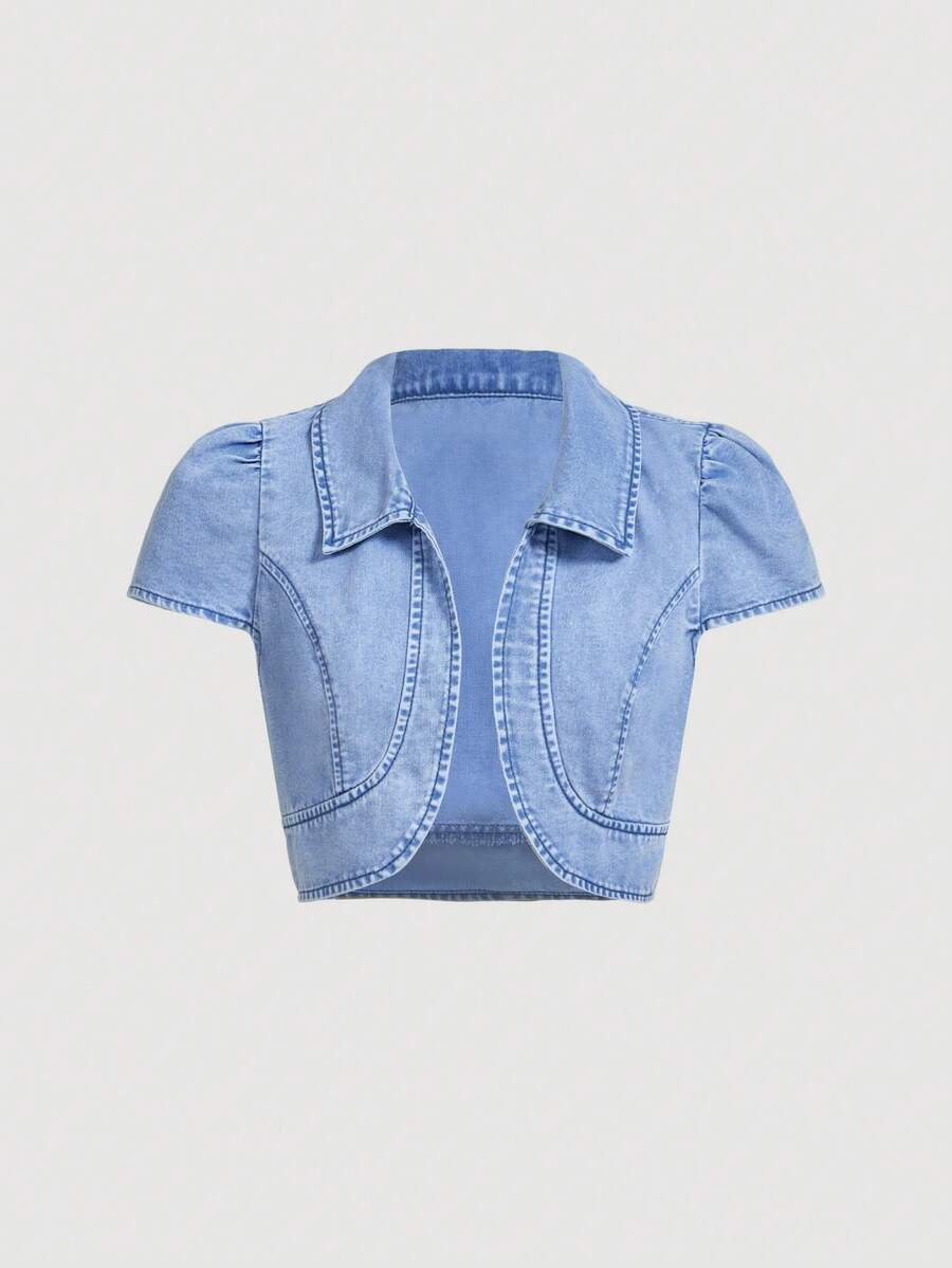 Sweetra 女士褶裥开襟休闲牛仔外套 - 藍色 - 查看 1