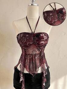 Attitoon Burgundy Summer Paisley Printed Knit Mesh Beaded Spaghetti Strap Camisole Top,Boho Women's Vacation Corset Gothic Top,Festival Chic Daily Wear Tops - Coffee Brown - View 3