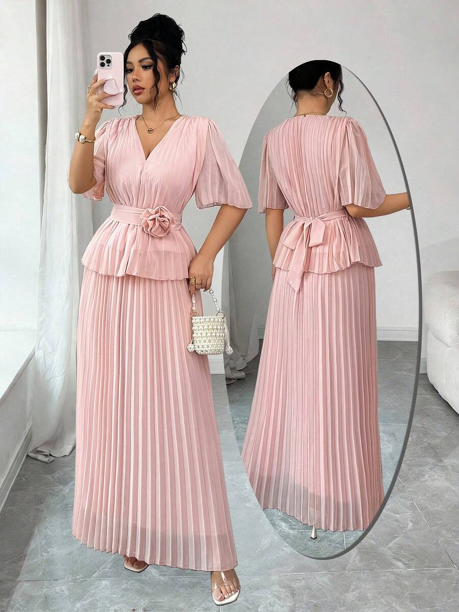 Elenzga Elegant And Sophisticated V-Neck Pleated Dress With A Three-Dimensional Floral Belt That Cinching The Waist And Creating A Slimming Effect. - Pink - View 1