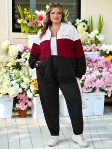 SHEIN CURVE+ 两件套加大码运动休闲撞色标语印花卫衣外套+运动裤套装，秋冬款 - 彩色 - 查看 5