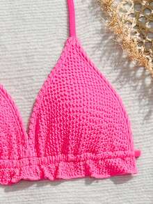 Tween Girl Summer Vacation Beach Solid Textured Halter Bikini Set And Mesh Applique Cover-Up Skirt - Red - View 5