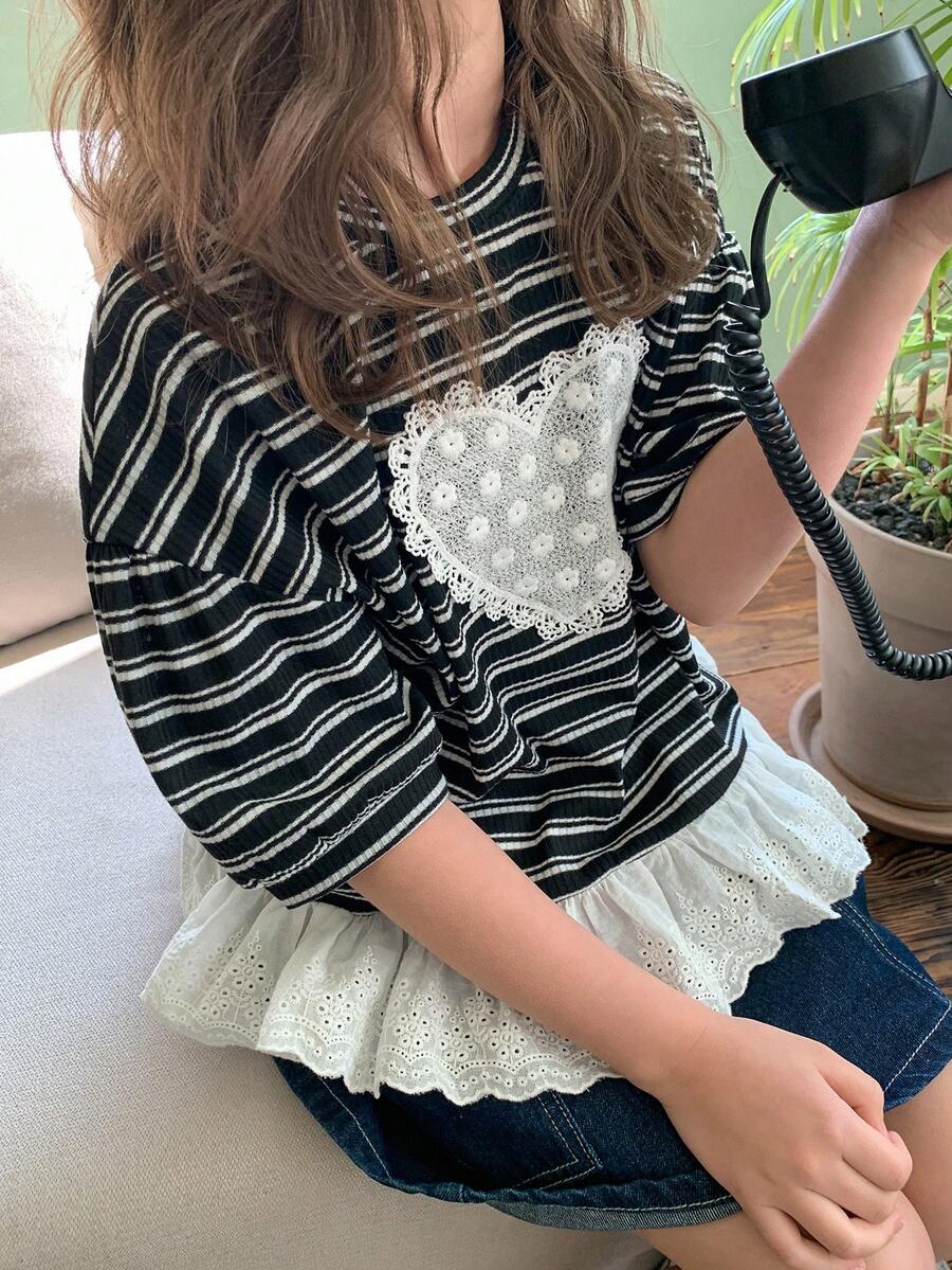 DAZY Tween Girls Round Neck Knit Striped Contrast Lace Trim Short Sleeve T-Shirt, Fall - Black and White - View 1