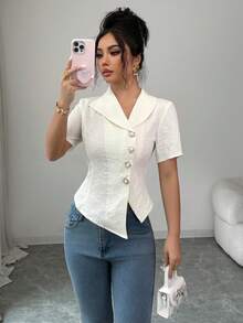 Elenzga Women's Textured Fabric Elegant Blouse, Suitable For Dates, Afternoon Tea, Graduation, Commuting - Apricot - View 5