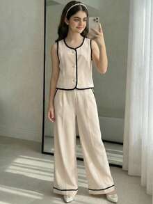 SHEIN Tween Girl Casual Elegant Woven Contrast Color Sleeveless Top With Pockets And Wide Leg Pants 2-Piece Set, Khaki, Suitable For Daily Wear, Back To School, Mother-Daughter Matching - Khaki - View 4