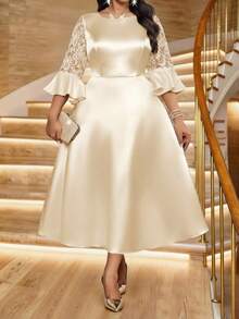 SHEIN Lady 大码女式圆领蕾丝优雅派对连衣裙，适合夏季穿着 - 杏色 - 查看 5