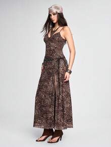 ROMWE Hippie Đầm hai dây xẻ cao họa tiết da báo phong cách Bohemian, thích hợp cho kỳ nghỉ - màu nâu - Xem 5
