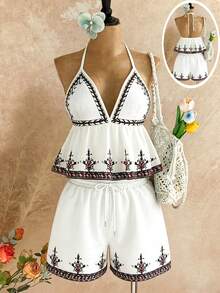 SHEIN LUNE Boho Floral Print 2 Pieces Casual Vacation Outfit For Women, Spring/Summer - White - View 1