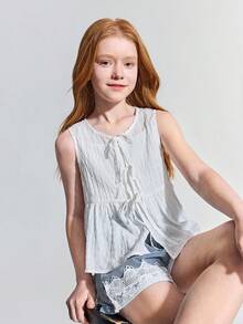 Maija Kids Maija Kids Tween Girl Solid Color Versatile Comfortable Crew Neck Sleeveless Cardigan, Tween Girl - White - View 6